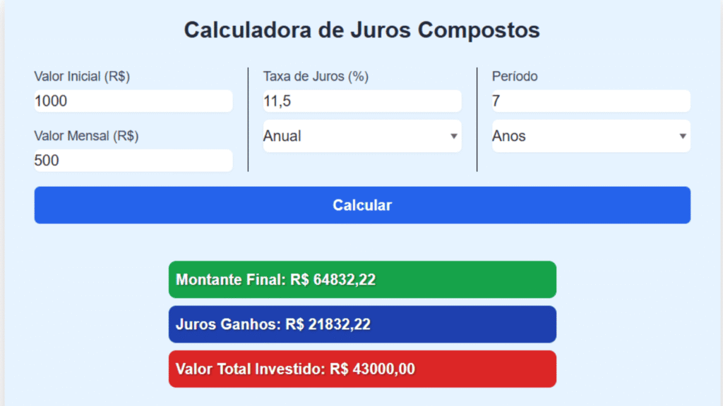 Print da calculadora de juros compostos do site onlinecalculadora.com.br